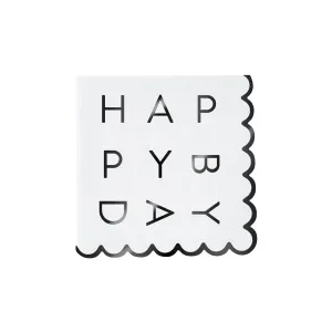 Black Foil Happy BDay Scalloped Dessert Napkins 20ct