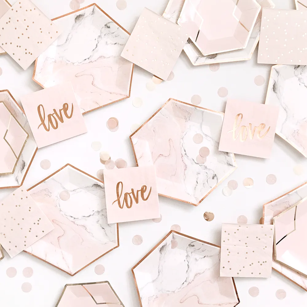 Blush Pink & Rose Gold Marble Lunch Plates 8ct