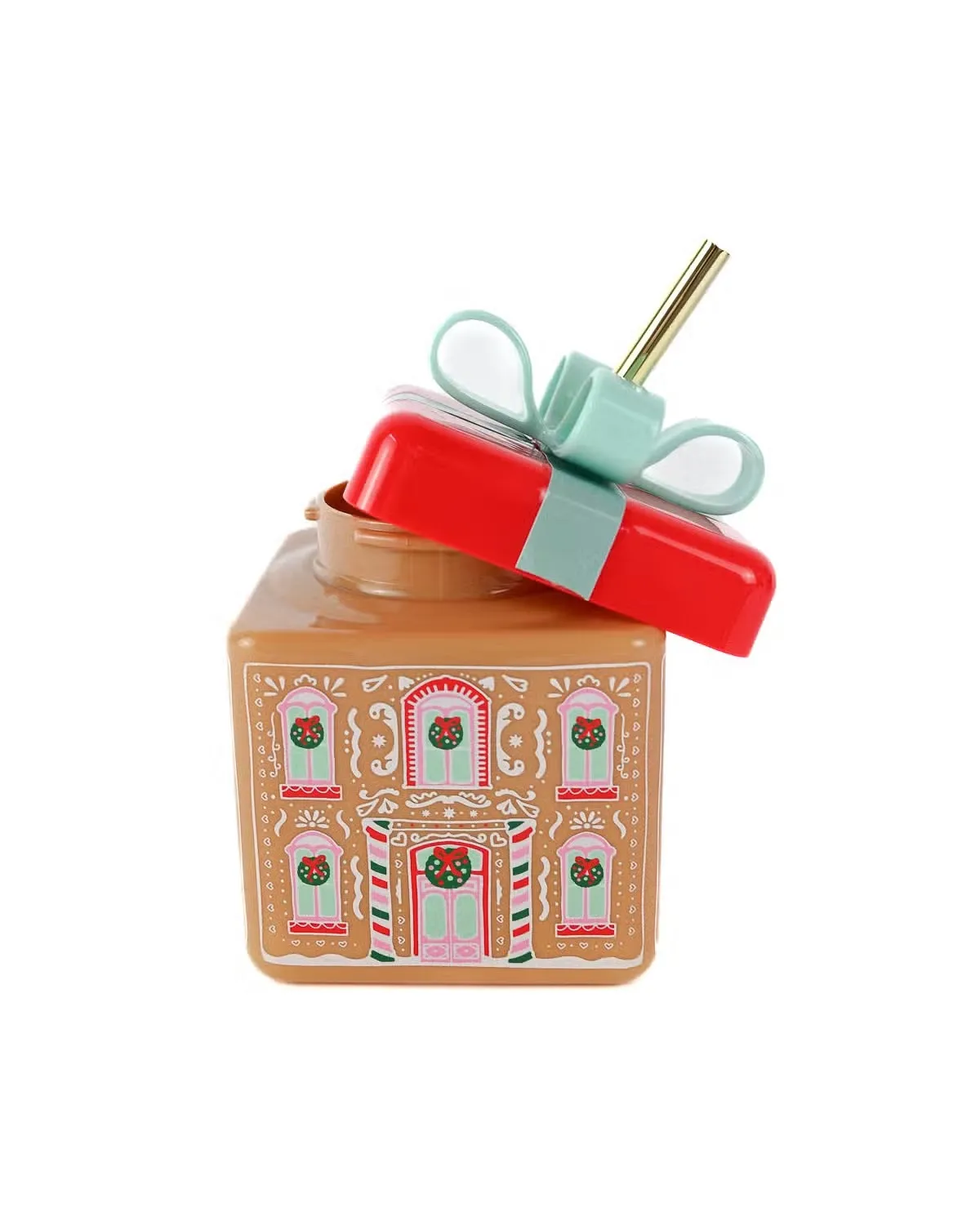 Gingerbread House Plastic Cup with Straw