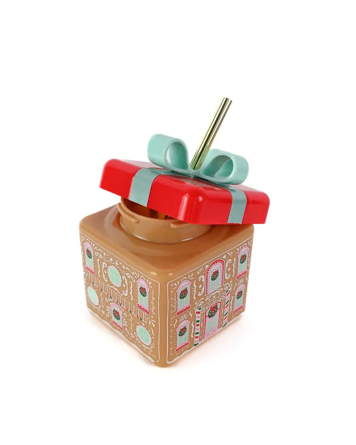 Gingerbread House Plastic Cup with Straw