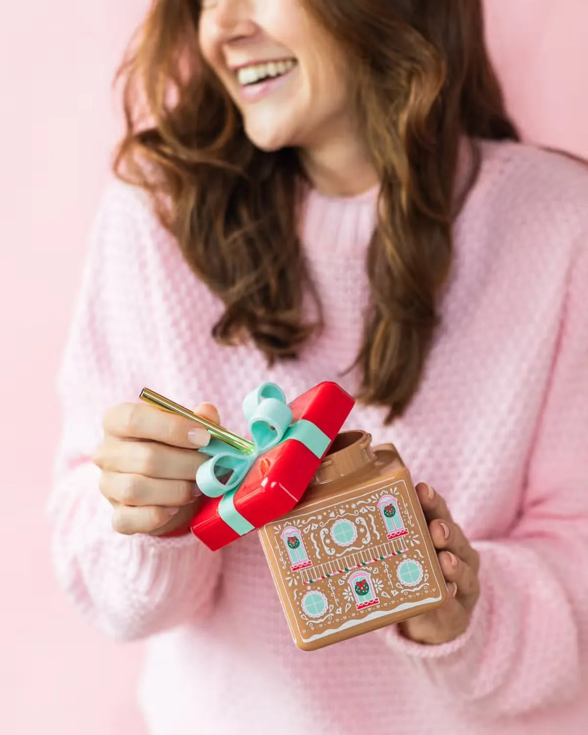 Gingerbread House Plastic Cup with Straw