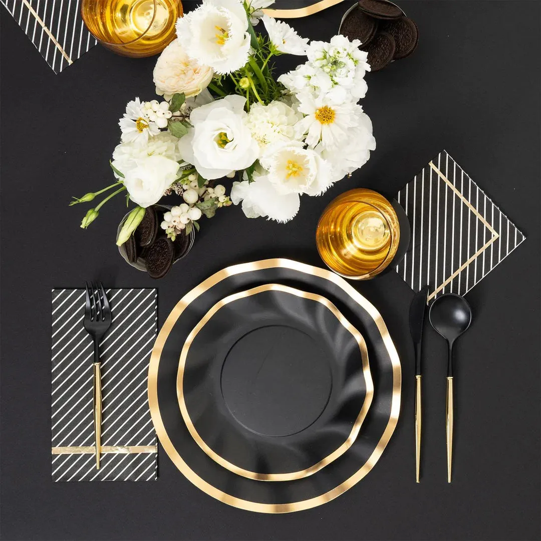 Gold & Black Plastic Cutlery Set for 8