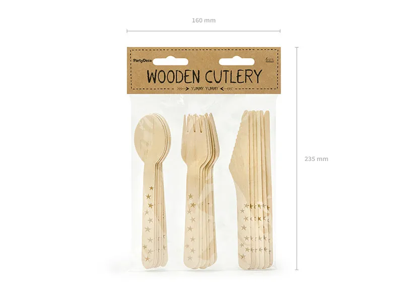 Gold Stars Wooden Cutlery Set for 6