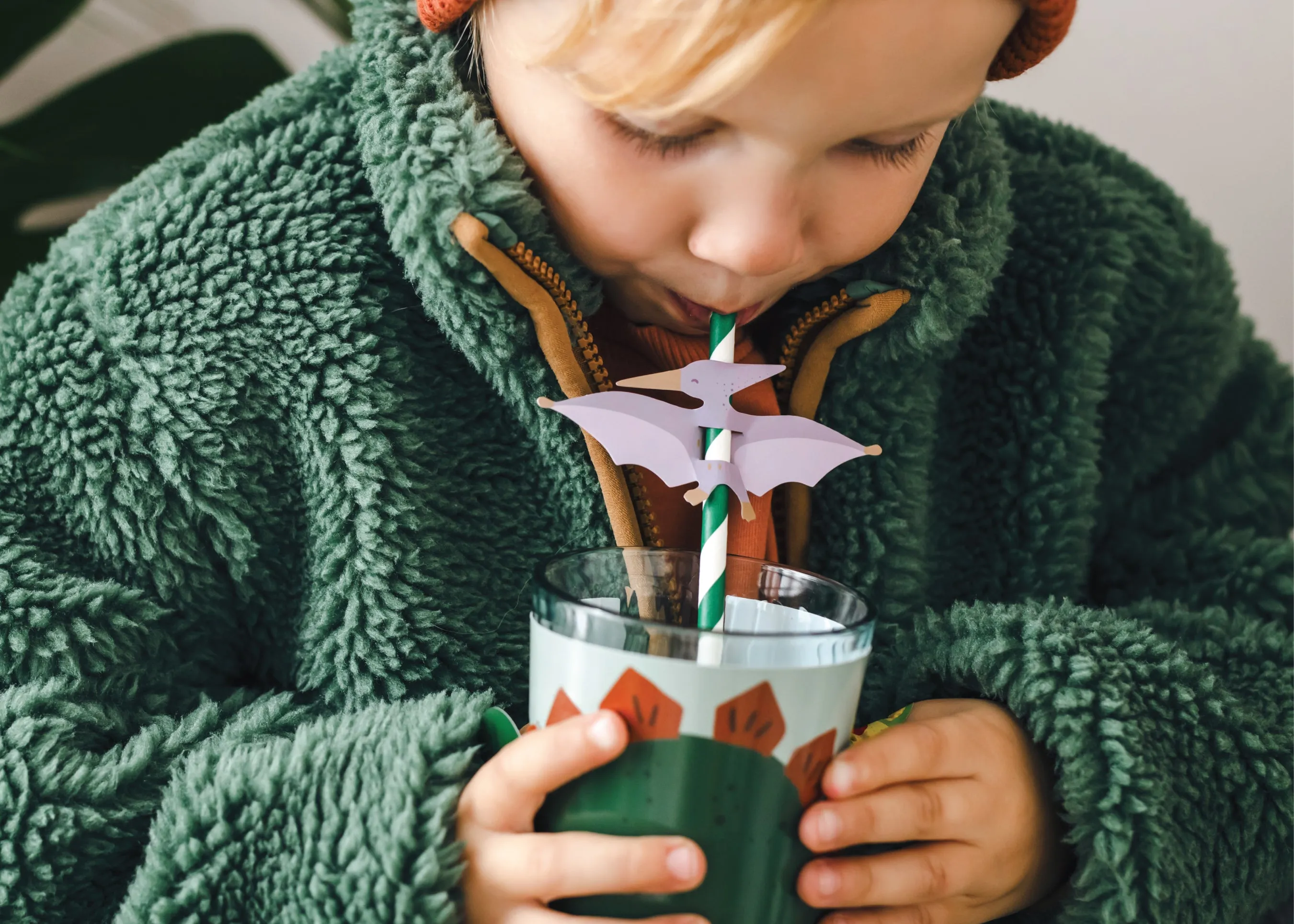 Green & White Striped Pterodactyl Paper Straws 6ct