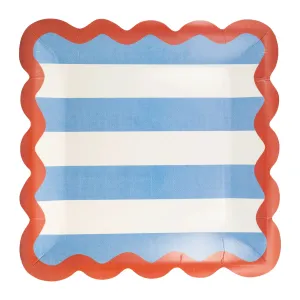 Hamptons Blue Stripes & Red Scalloped Lunch Plates 8ct