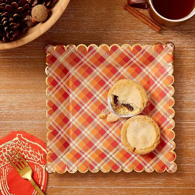 Harvest Plaid Scalloped Square Lunch Plates 8ct