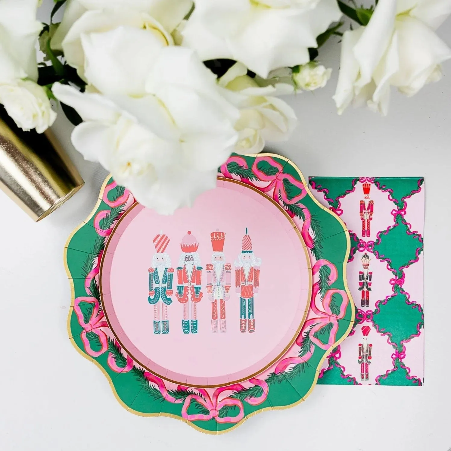 Lattice & Pink Christmas Nutcrackers Paper Guest Towels 20ct