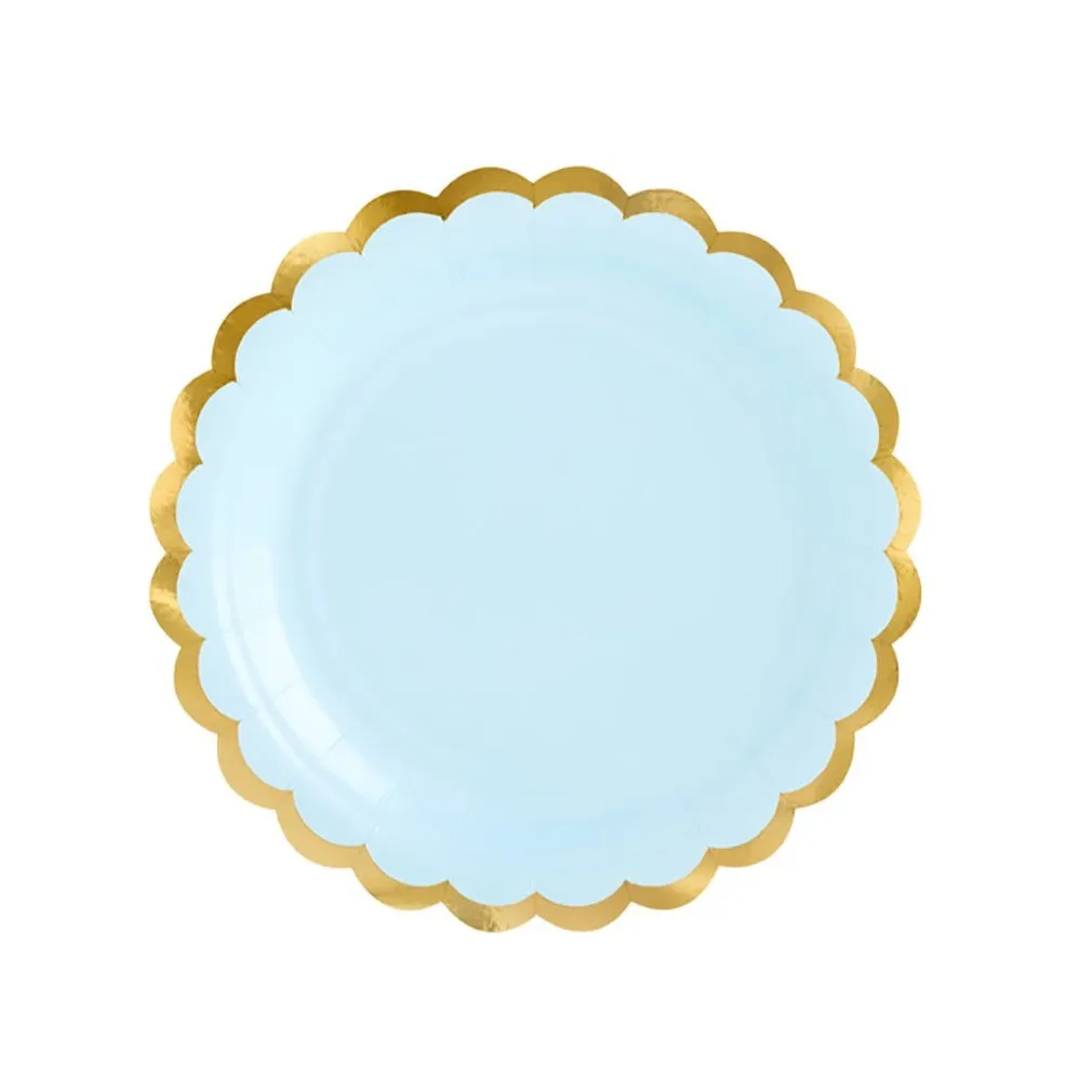 Light Blue & Gold Scalloped Dessert Plates 6ct