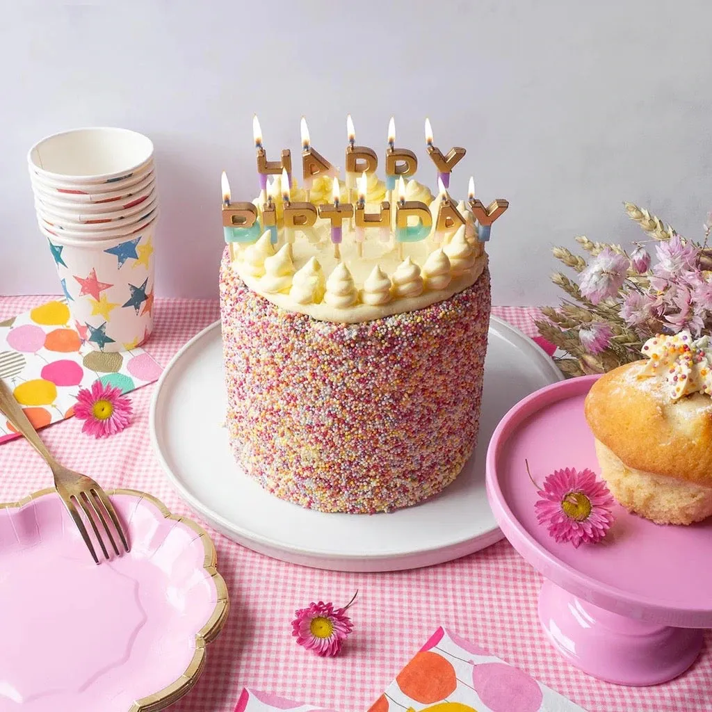 Multicolor Pastel & Gold Happy Birthday Candle Set