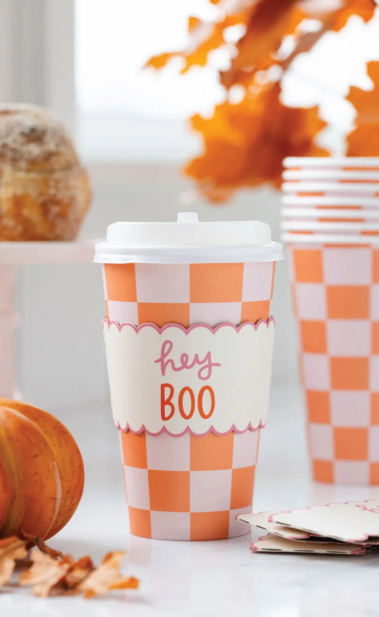 Pink & Orange Checkered Halloween Coffee Cups & Lids 8ct