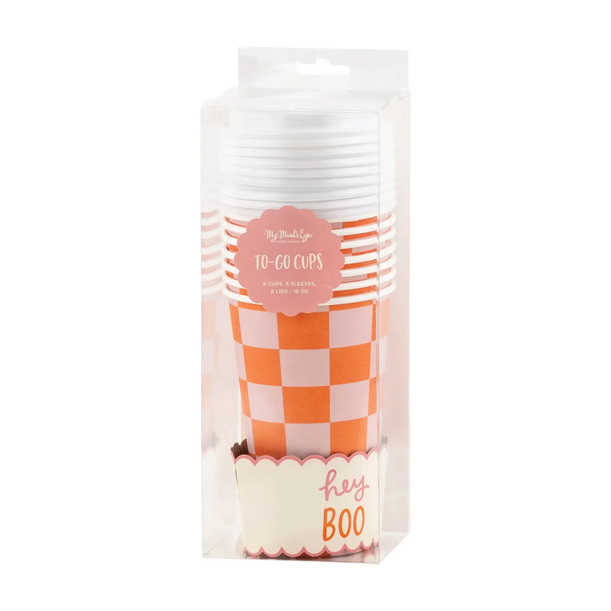 Pink & Orange Checkered Halloween Coffee Cups & Lids 8ct