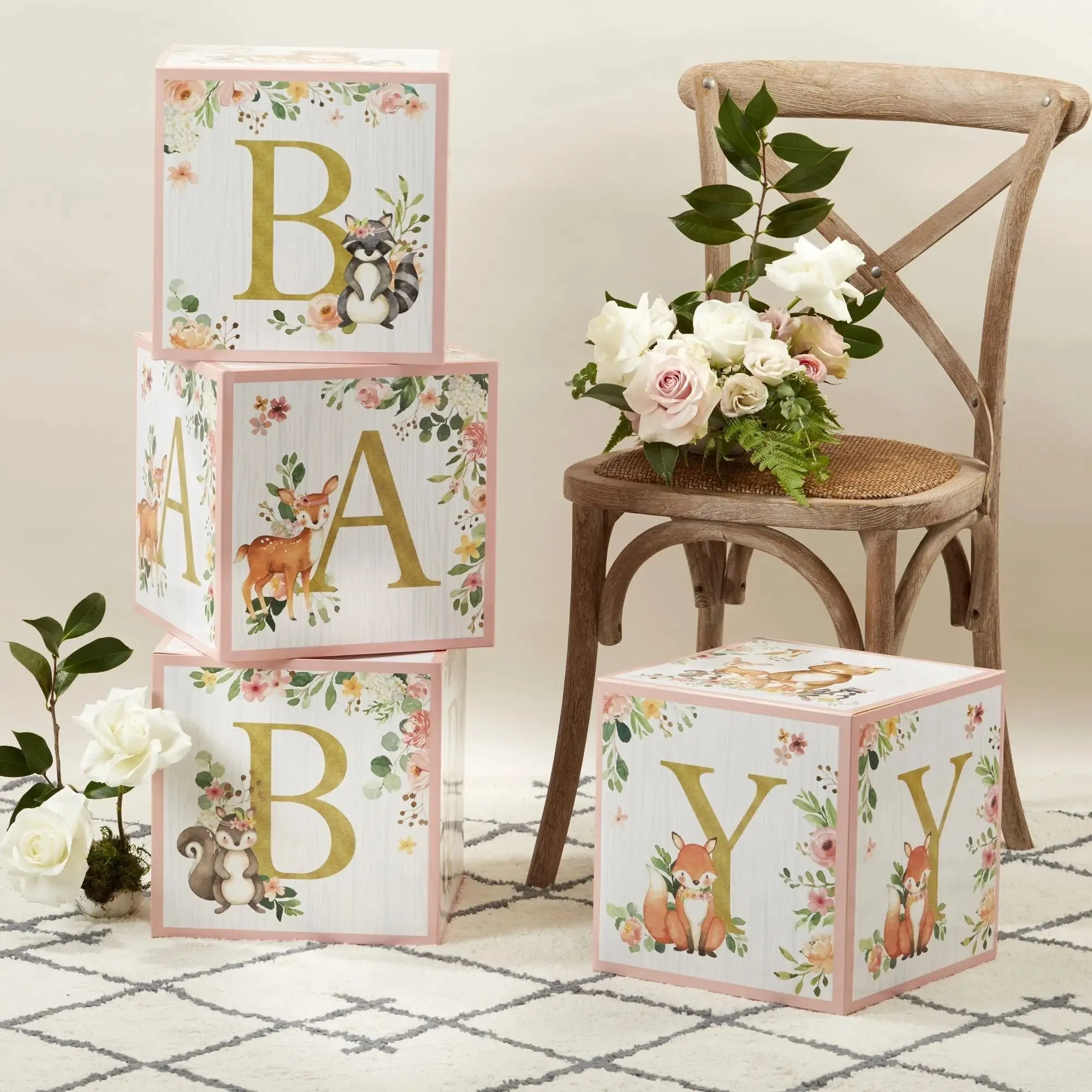 Pink Woodland Baby Block Decorations 4ct