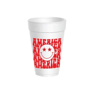 Red America Smiley Styrofoam Cups with Lids 10ct
