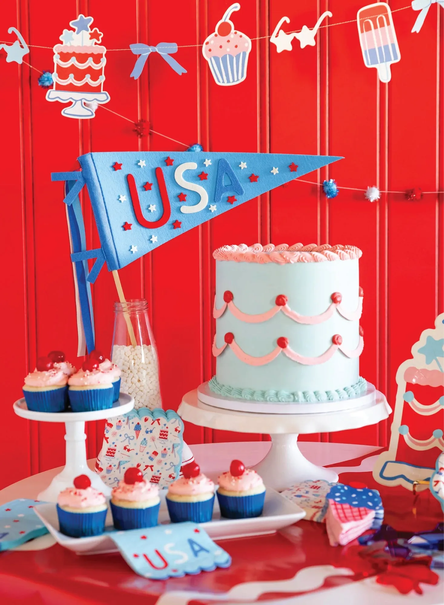 Red White & Blue Summertime & Pom Pom Garland Set