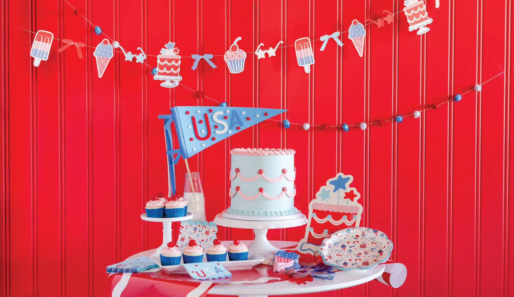 Red White & Blue Summertime & Pom Pom Garland Set