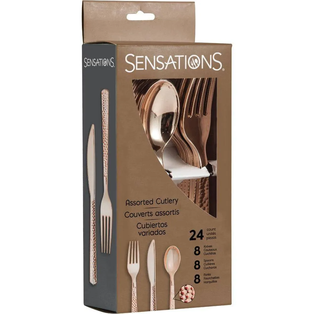 Rose Gold Hammered Plastic Cutlery Set for 8