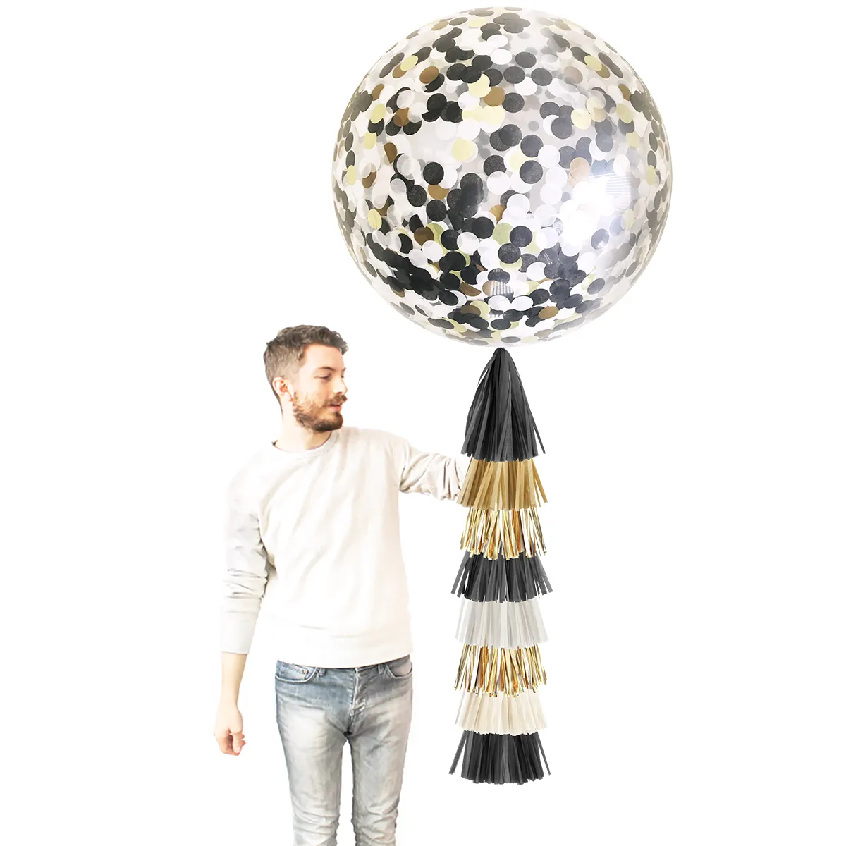 Round Black & Gold Confetti Balloon with DIY Tassel Tail