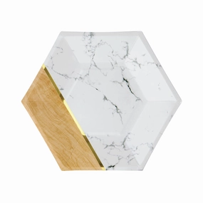 White Marble & Faux Wood Hexagon Dessert Plates 8ct